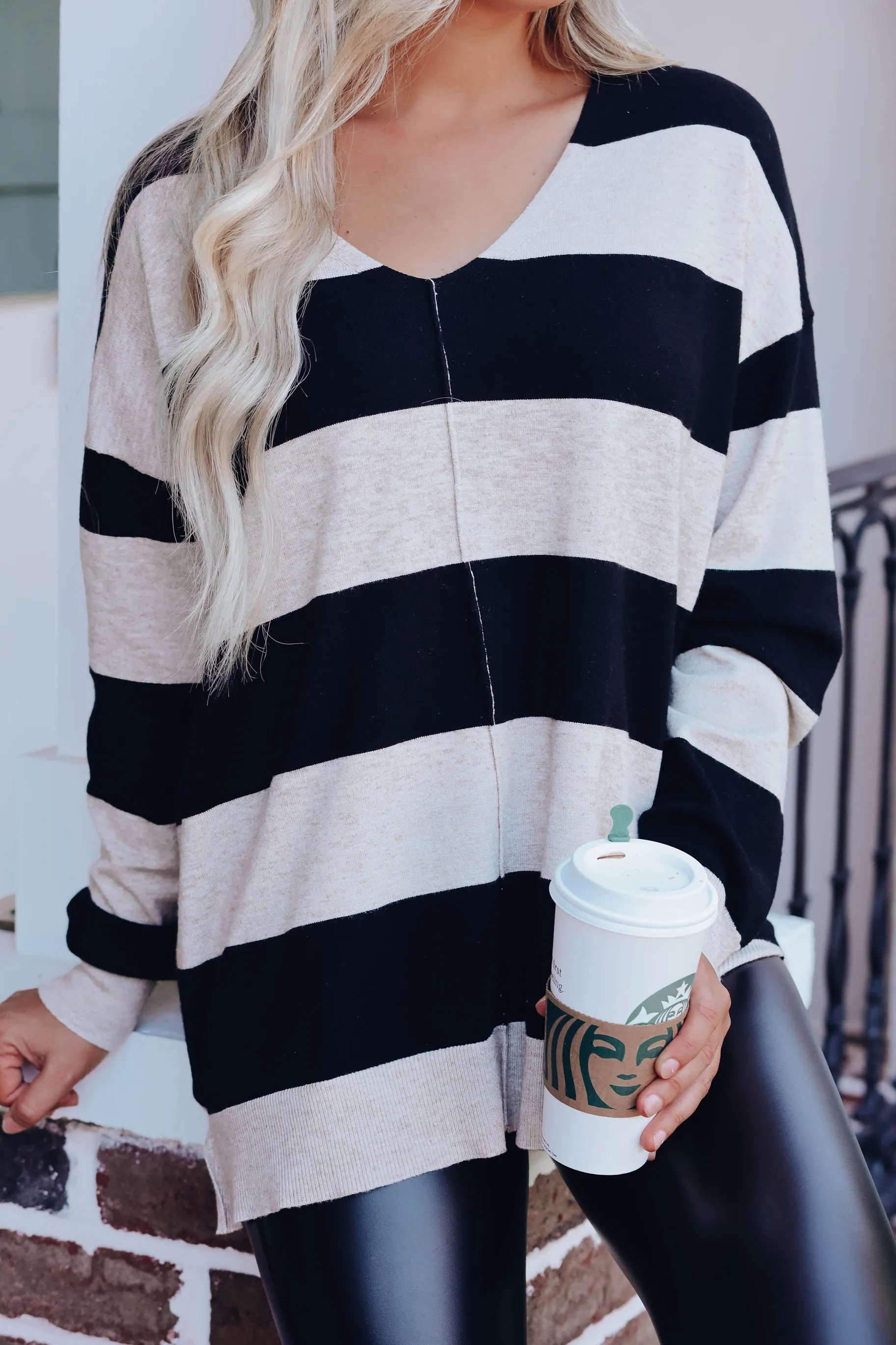 Salvador Striped V-Neck Sweater - Black