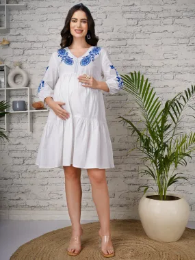 SANA - WHITE A-LINE MATERNITY DRESS WITH FLORAL BLUE EMBROI