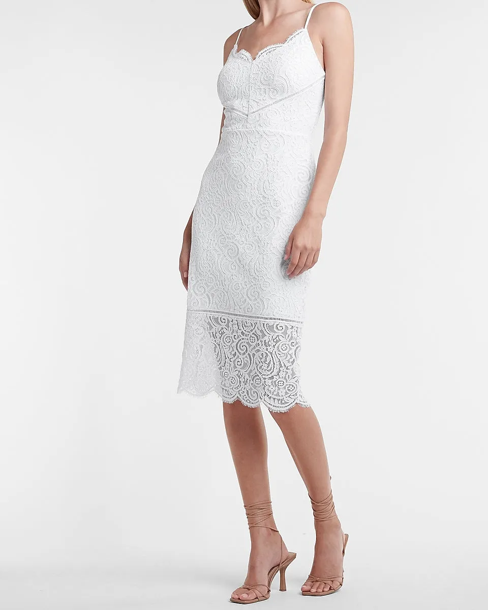 Scalloped Lace Midi Sheath Dress in White