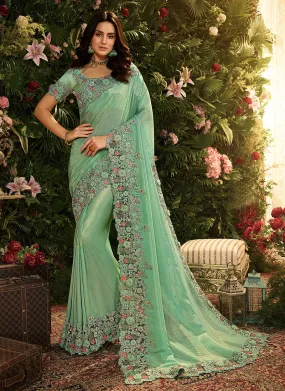 Sea Green Floral Designer Saree With Blouse