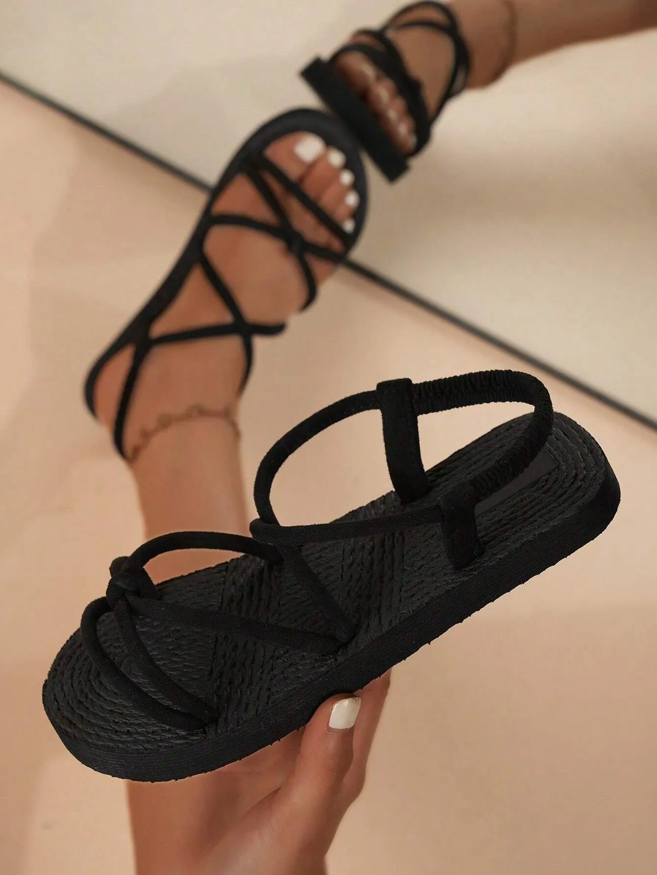 SHEIN Women's Flat Sandals, Black Satin Cross Strappy Sandals With Suede-Like Rope Decoration, Simple Casual Style Perfect For Summer, Open Toe, Braided Soles, Vacation Style