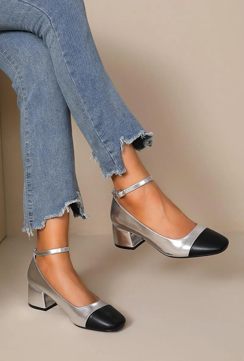 SILVER FAUX LEATHER CLOSED TOE MARRY JANE BLOCK HEELS