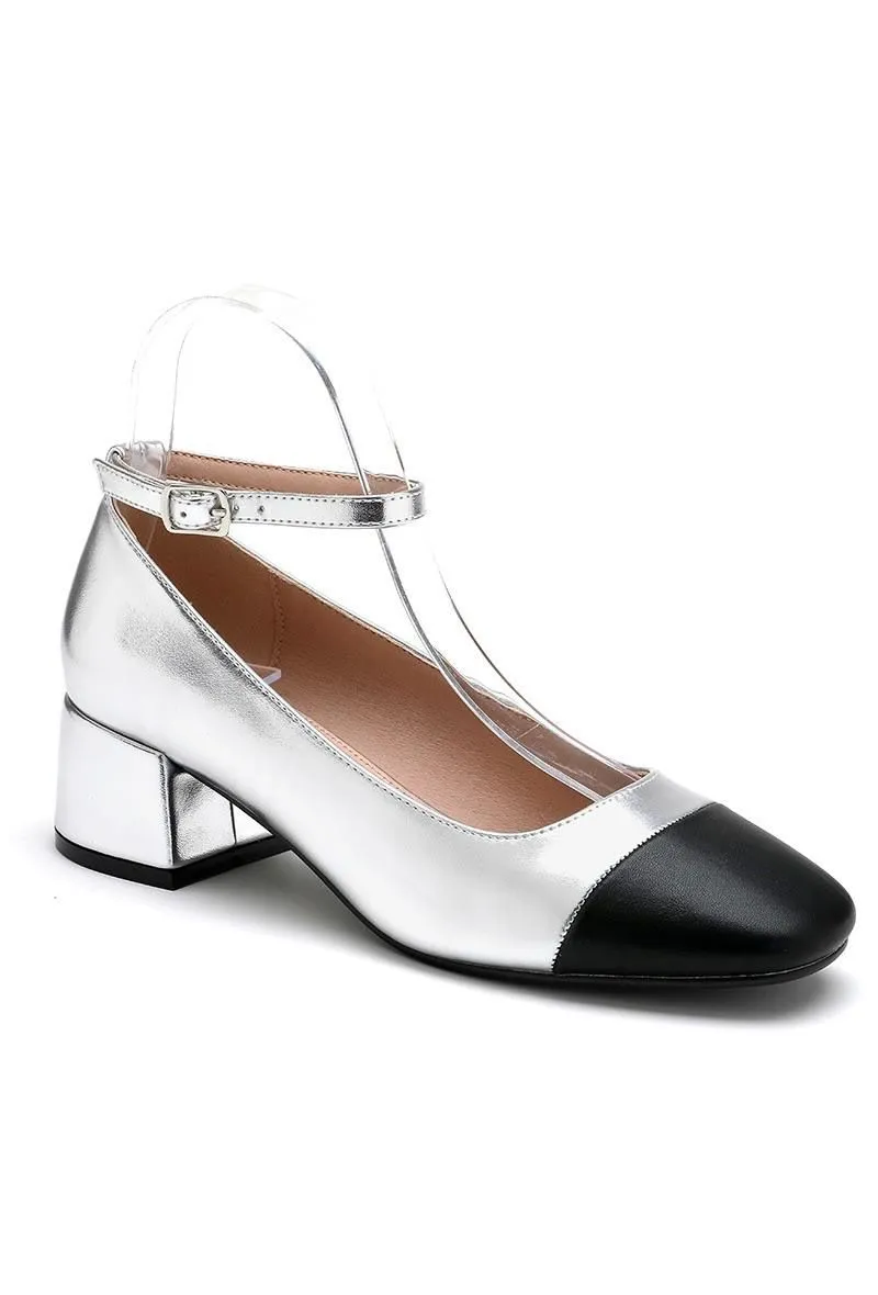 SILVER FAUX LEATHER CLOSED TOE MARRY JANE BLOCK HEELS