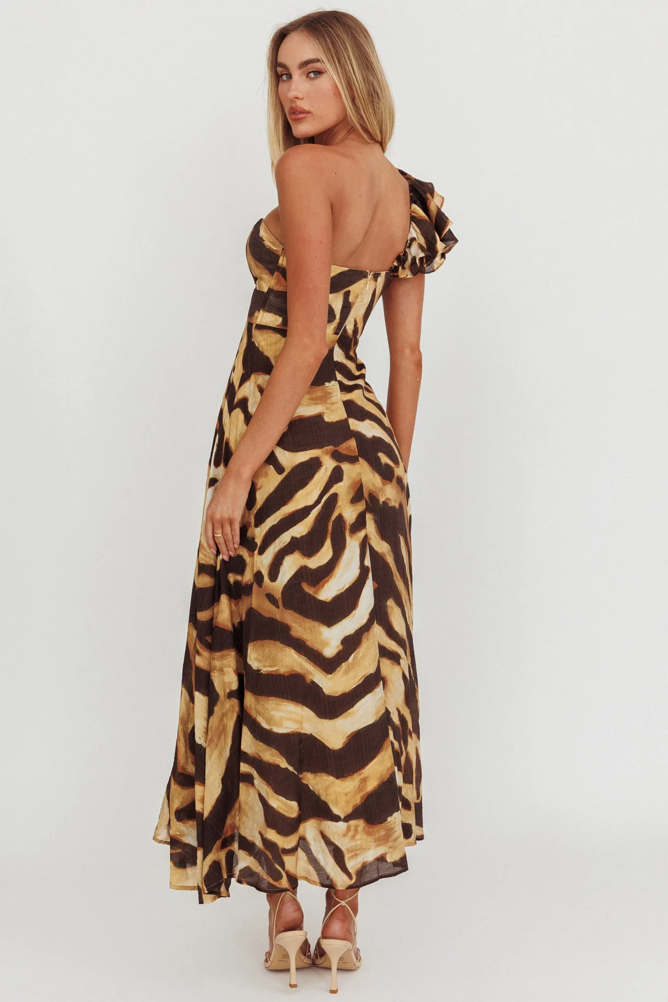 Skyla One Shoulder Ruffle Maxi Dress Leopard