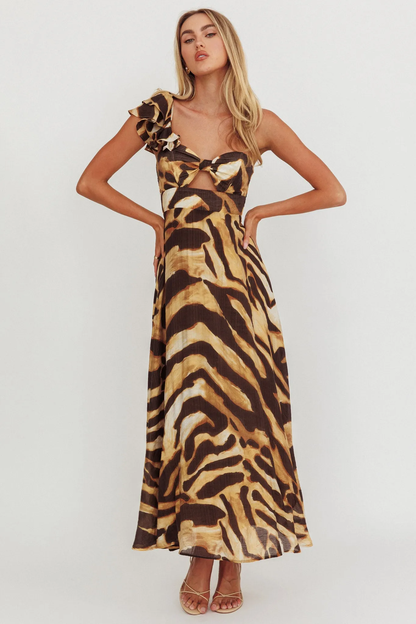 Skyla One Shoulder Ruffle Maxi Dress Leopard