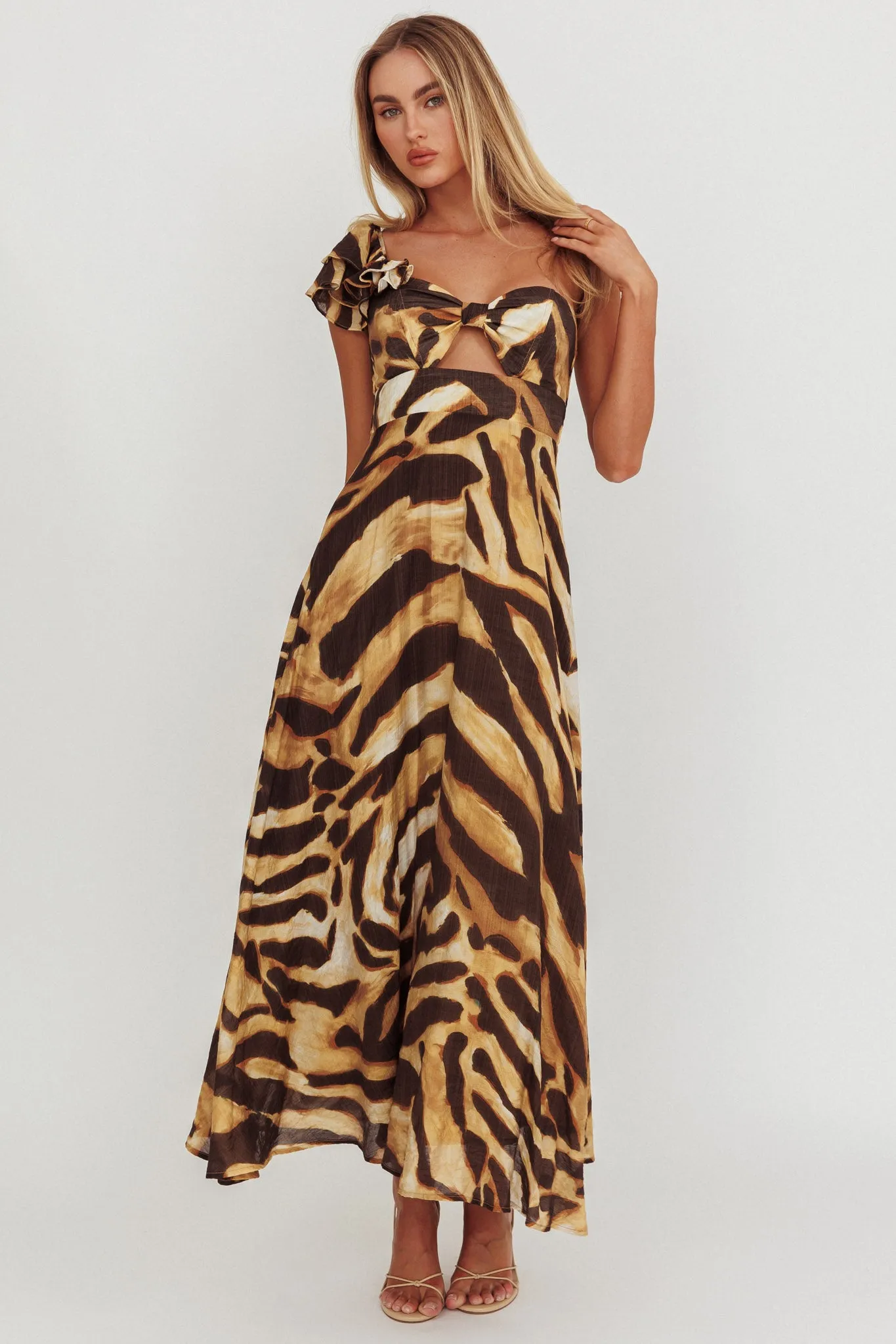 Skyla One Shoulder Ruffle Maxi Dress Leopard