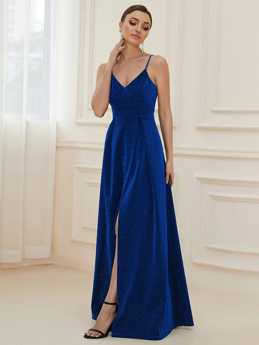 Spaghetti Strap Front Slit Shiny Evening Dress