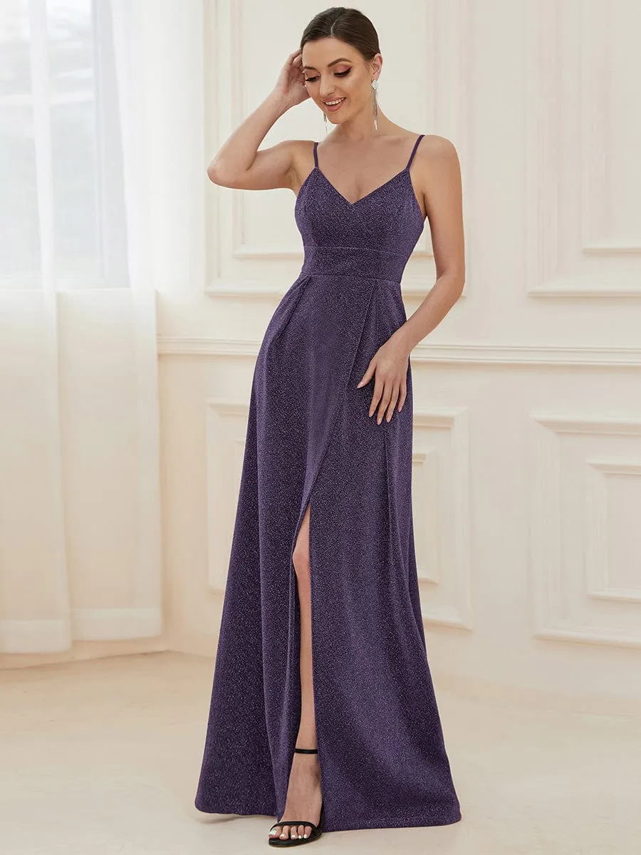 Spaghetti Strap Front Slit Shiny Evening Dress