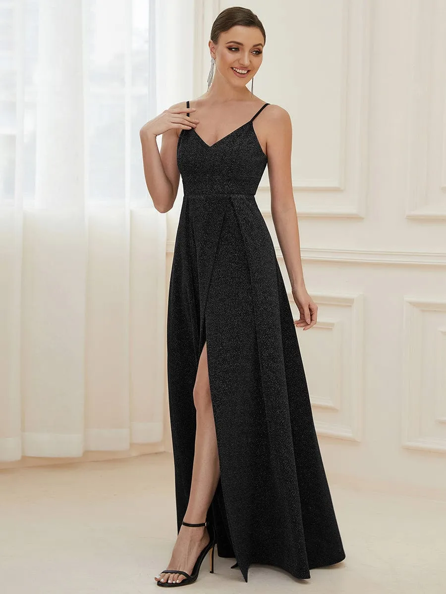 Spaghetti Strap Front Slit Shiny Evening Dress