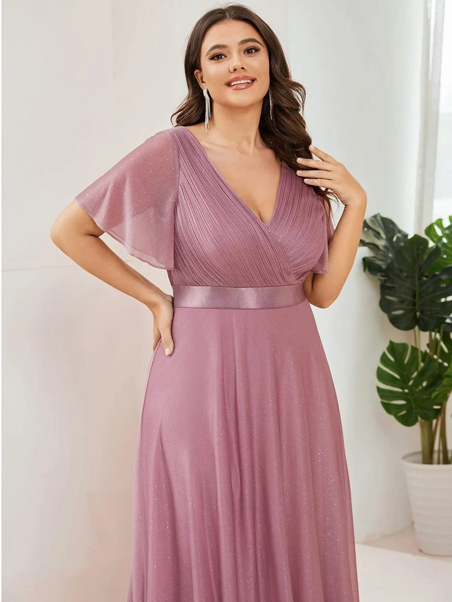 Sparkling Short Sleeve V-Neck Ribbon Waist A-Line Evening Dress