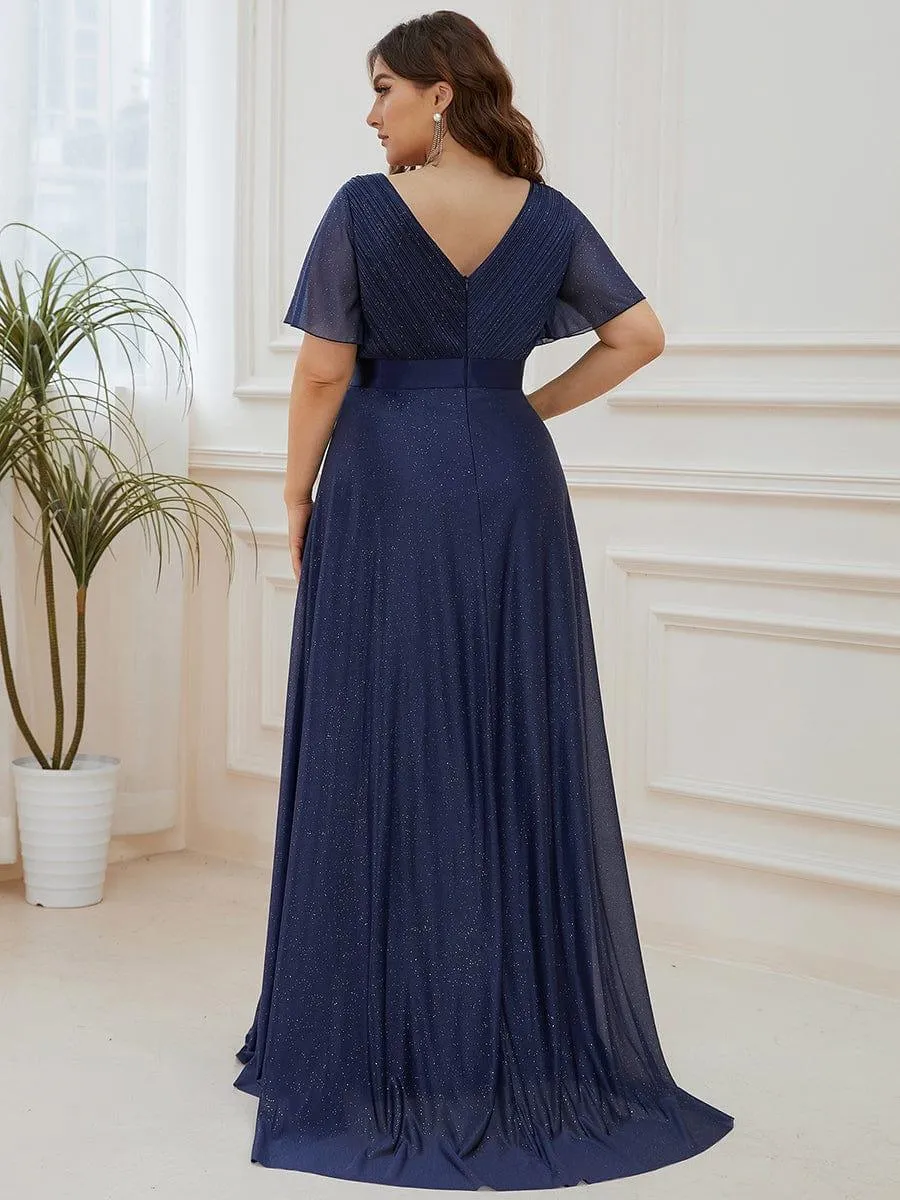 Sparkling Short Sleeve V-Neck Ribbon Waist A-Line Evening Dress