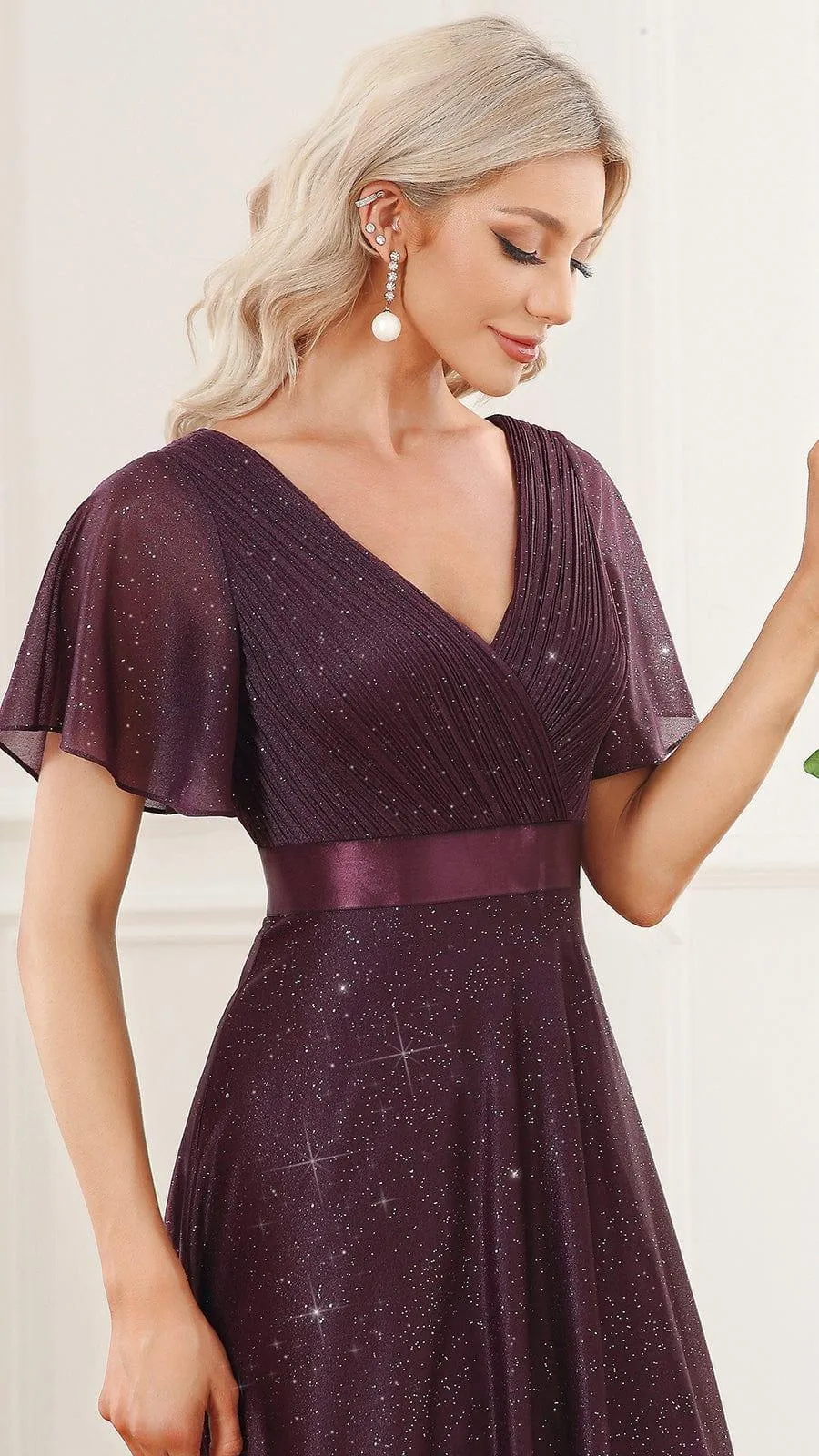 Sparkling Short Sleeve V-Neck Ribbon Waist A-Line Evening Dress