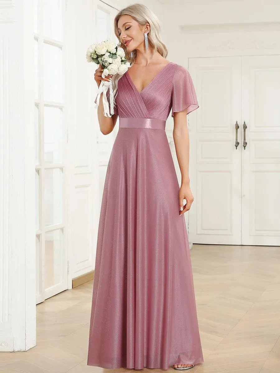 Sparkling Short Sleeve V-Neck Ribbon Waist A-Line Evening Dress