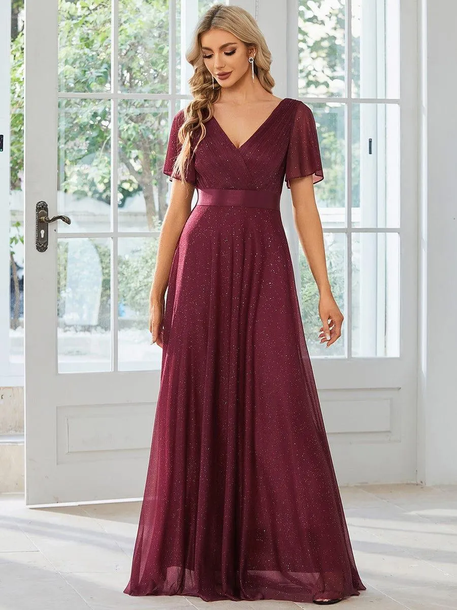 Sparkling Short Sleeve V-Neck Ribbon Waist A-Line Evening Dress