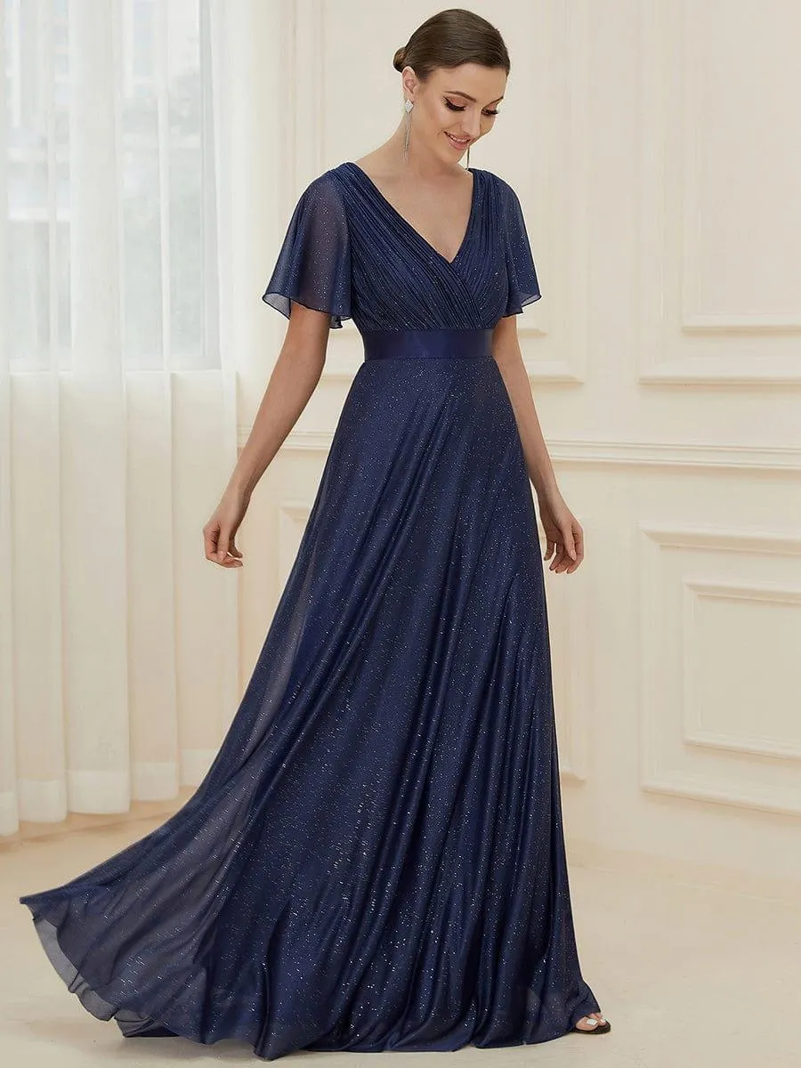 Sparkling Short Sleeve V-Neck Ribbon Waist A-Line Evening Dress