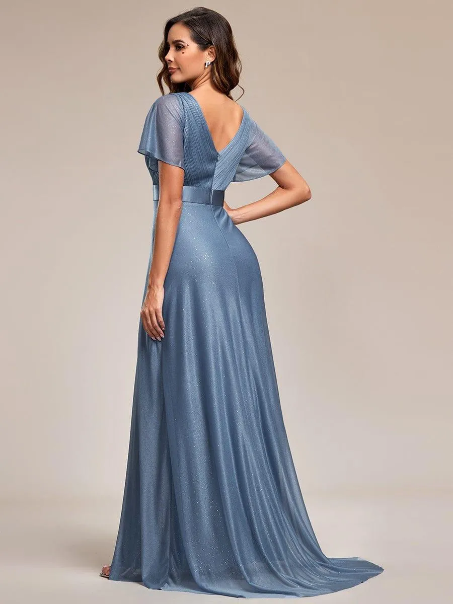 Sparkling Short Sleeve V-Neck Ribbon Waist A-Line Evening Dress