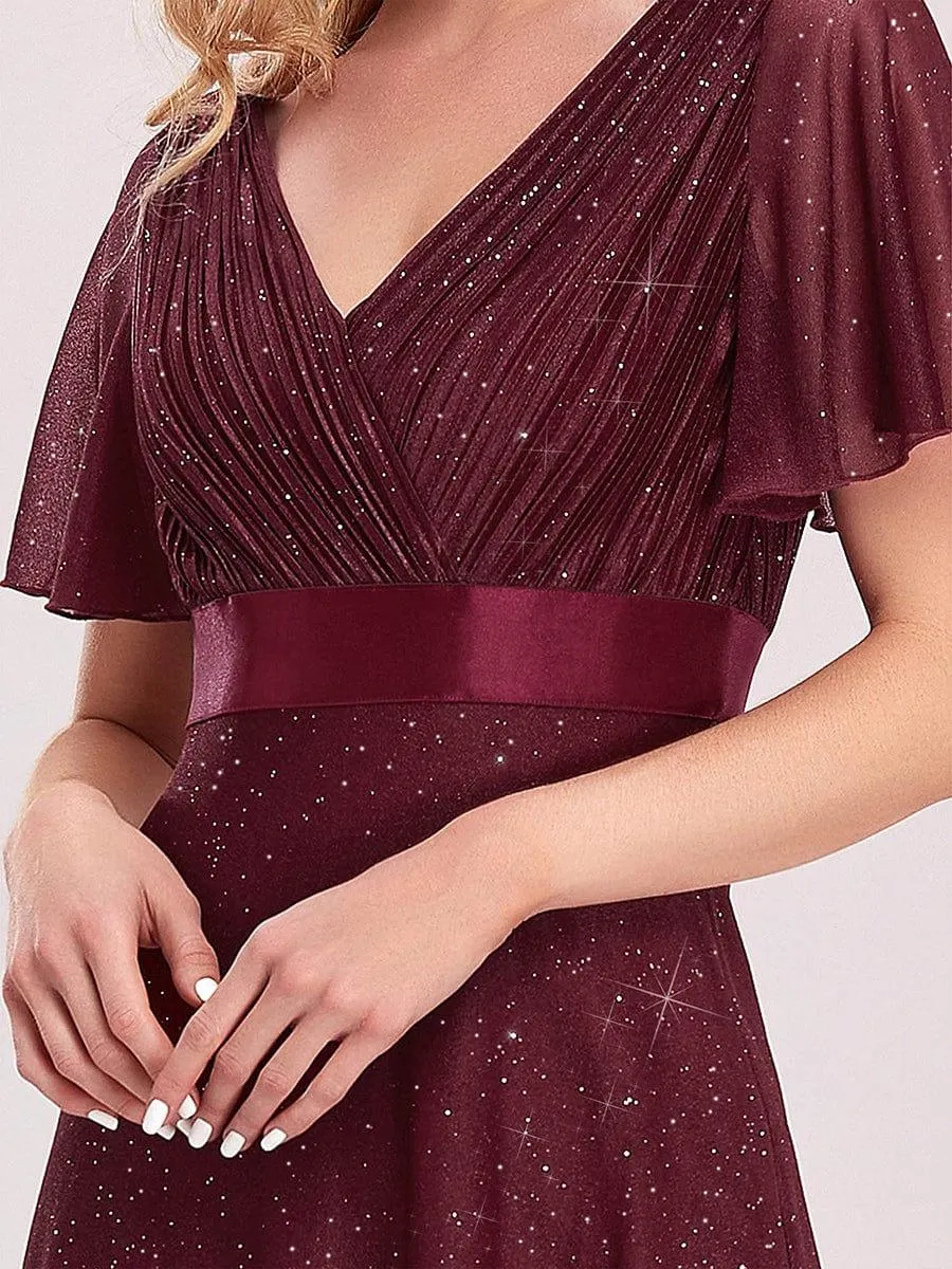 Sparkling Short Sleeve V-Neck Ribbon Waist A-Line Evening Dress