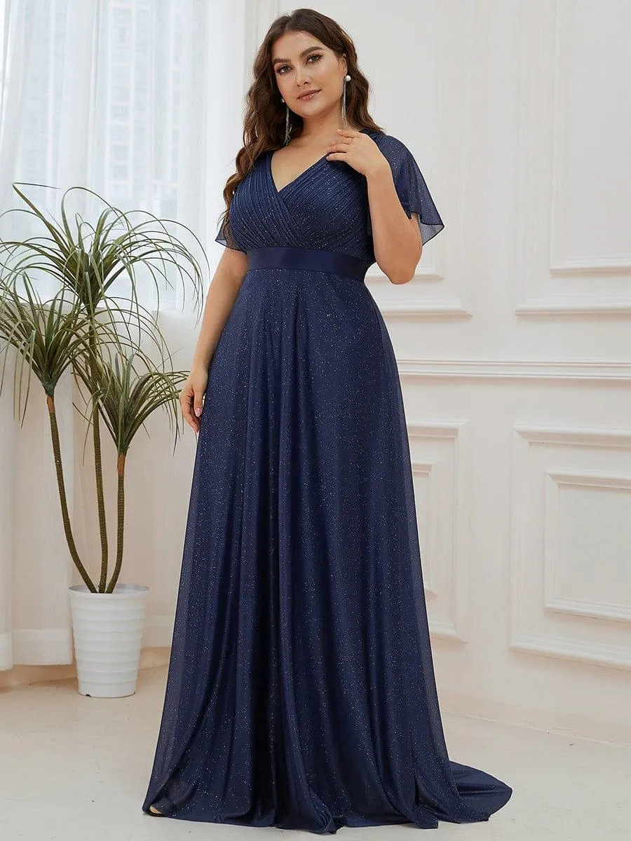 Sparkling Short Sleeve V-Neck Ribbon Waist A-Line Evening Dress