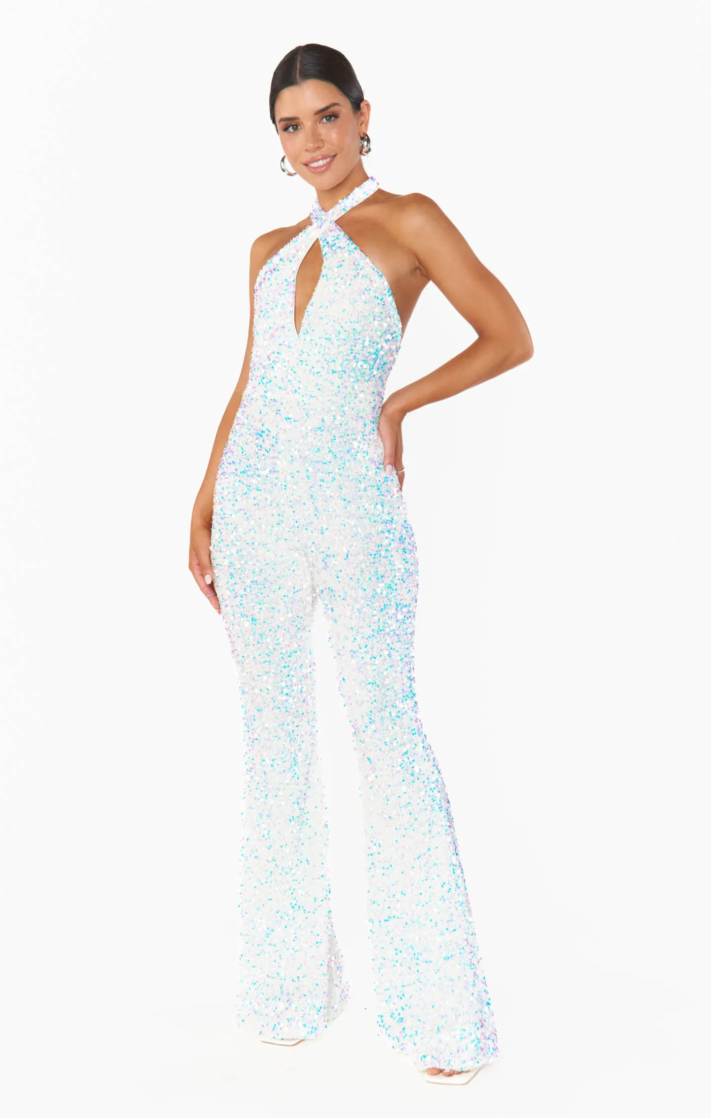 Studio Halter Jumpsuit ~ White Sparkle Sequin