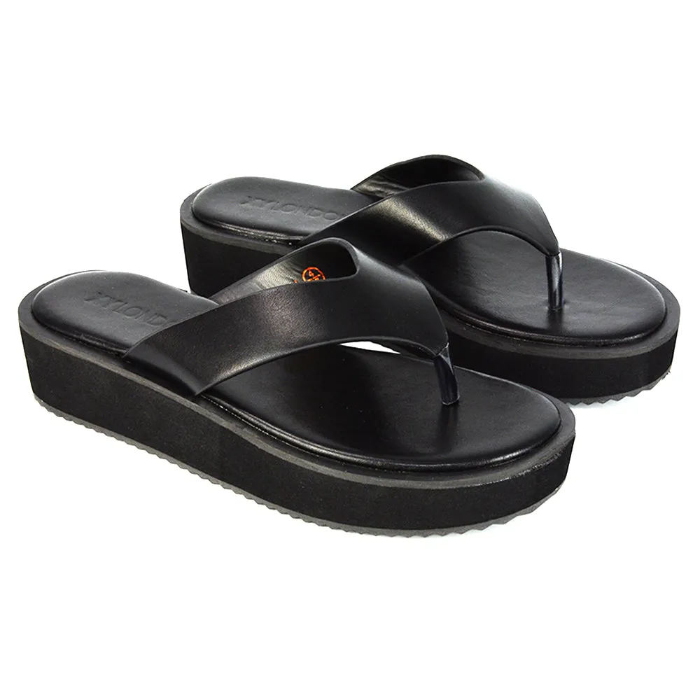 Tammi Thong Strap Flatform Flip Flop Sandal Slides in Black Synthetic Leather