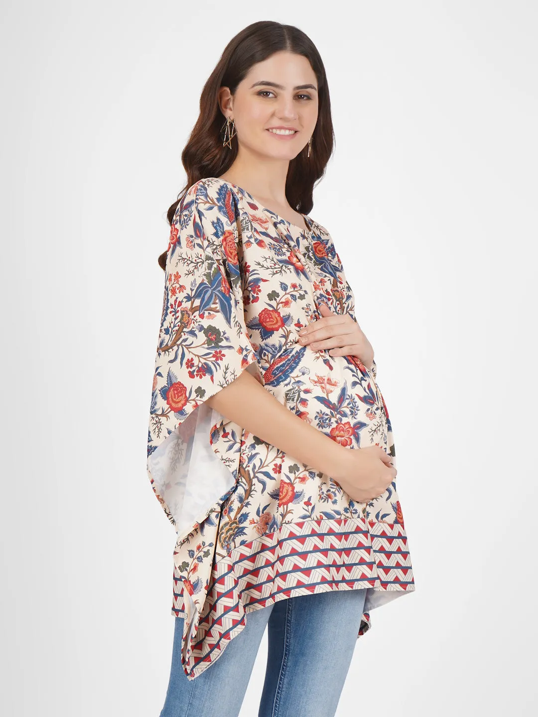 TINA - BEIGE AND ORANGE STYLISH MATERNITY KAFTAN TRADITIONAL PRINT IN ELEGANT COLOR