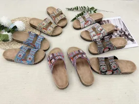 Vintage ethnic style double-buckle drilled cork slippers