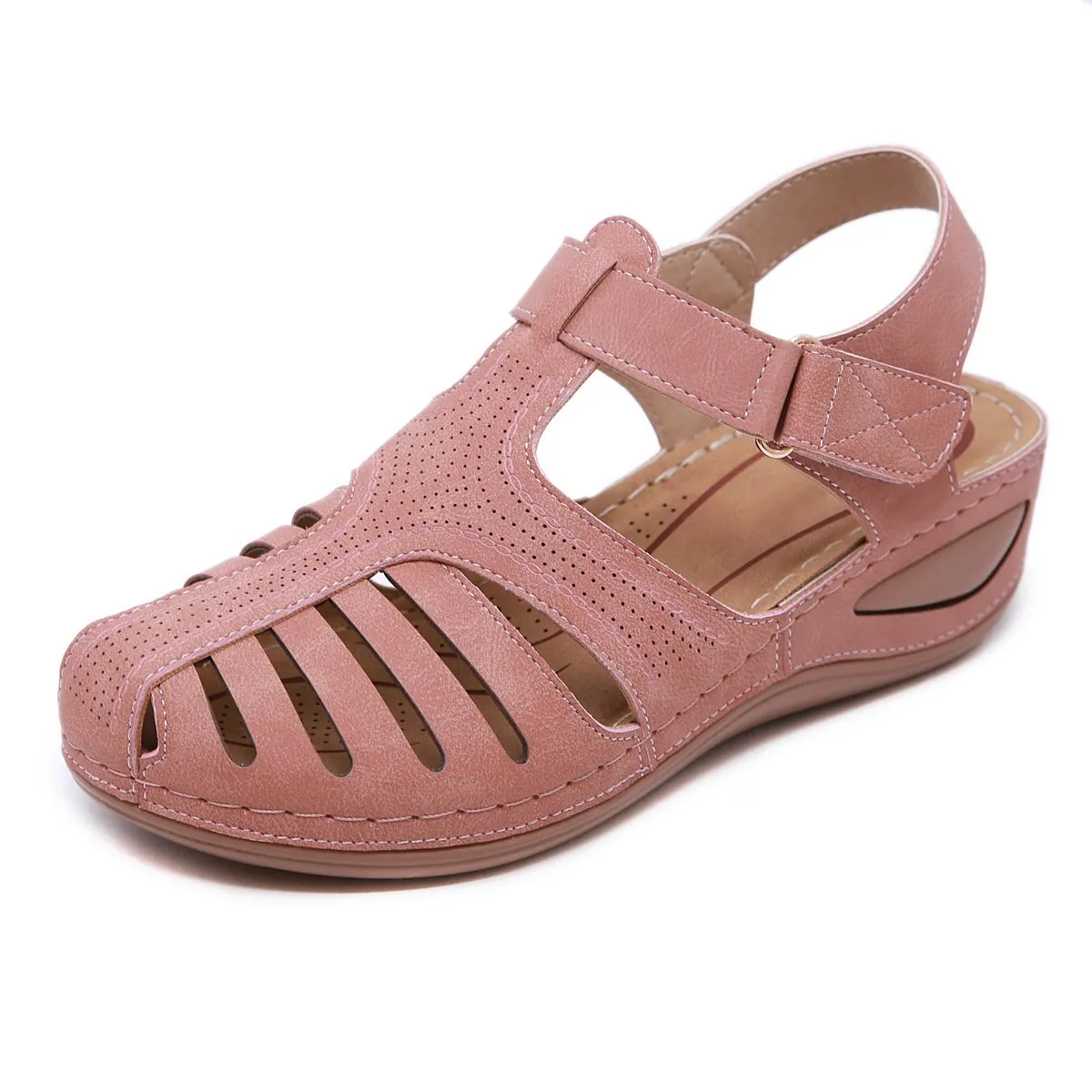 Vintage summer stitching wedge toe sandals