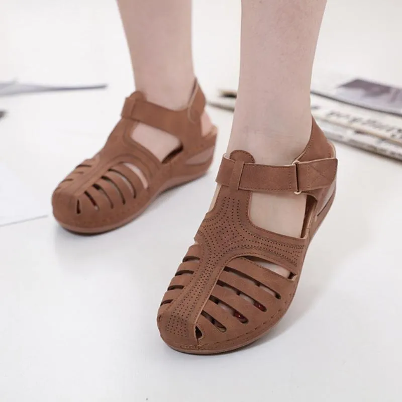 Vintage summer stitching wedge toe sandals