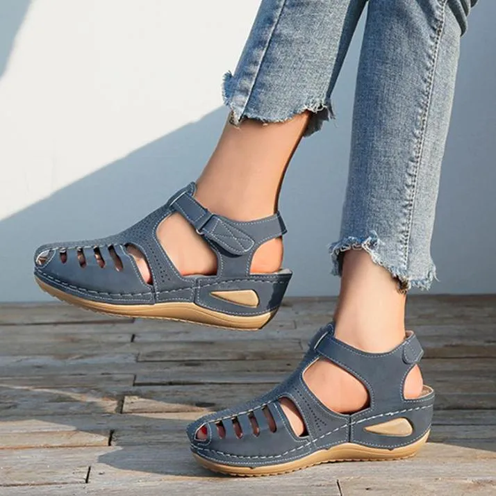 Vintage summer stitching wedge toe sandals