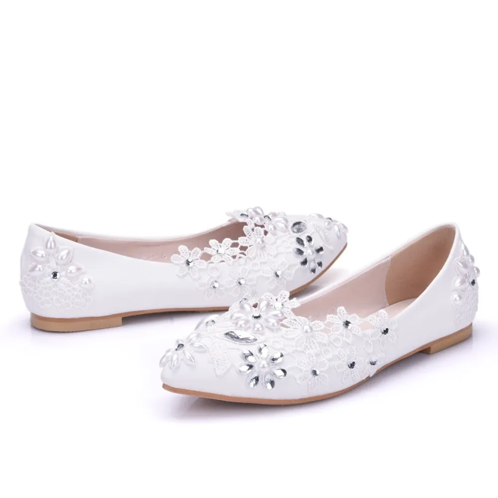 White Bridal Flats Closed Toe Shoes Bride Wedding Shoes