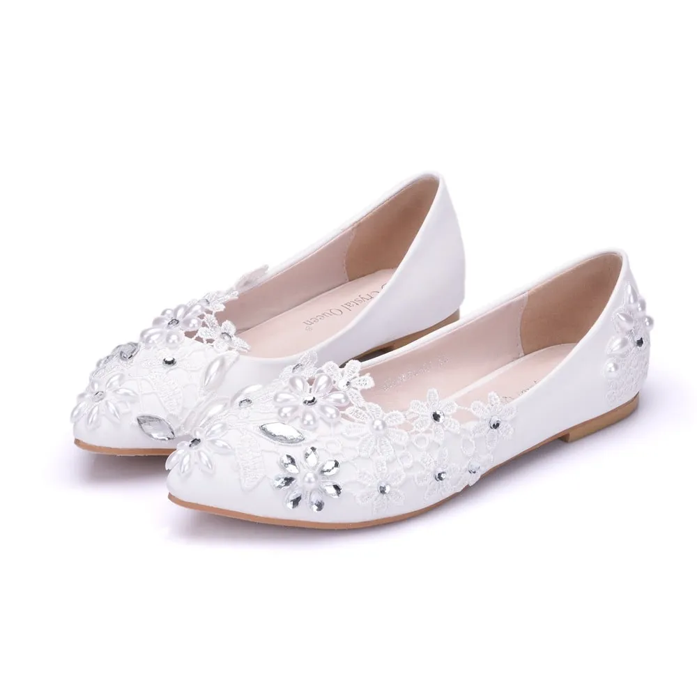 White Bridal Flats Closed Toe Shoes Bride Wedding Shoes