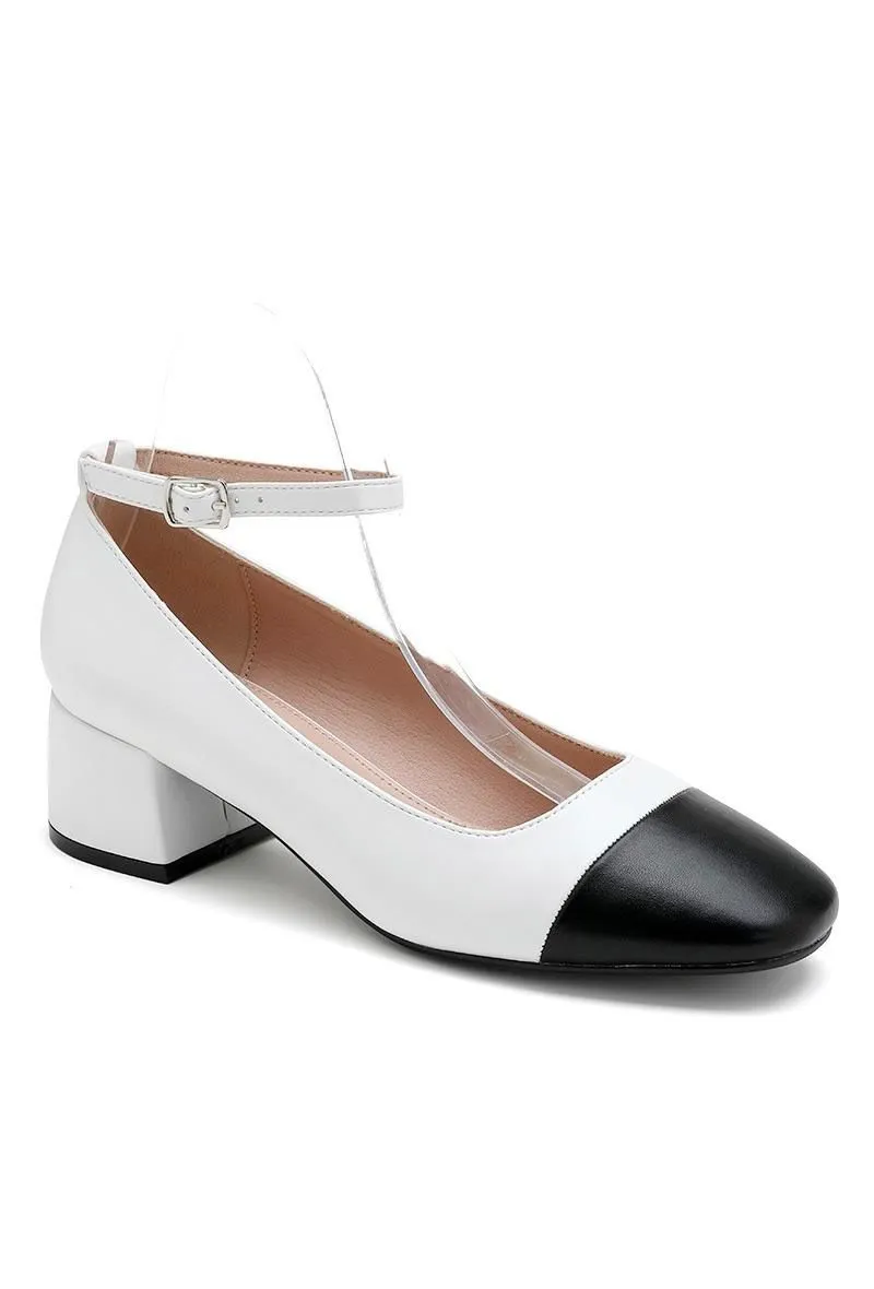 WHITE FAUX LEATHER CLOSED TOE MARRY JANE BLOCK HEELS