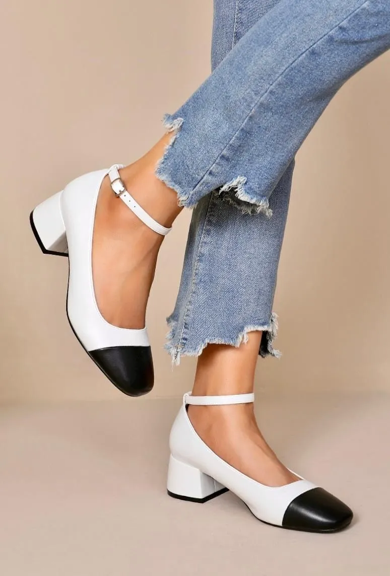 WHITE FAUX LEATHER CLOSED TOE MARRY JANE BLOCK HEELS