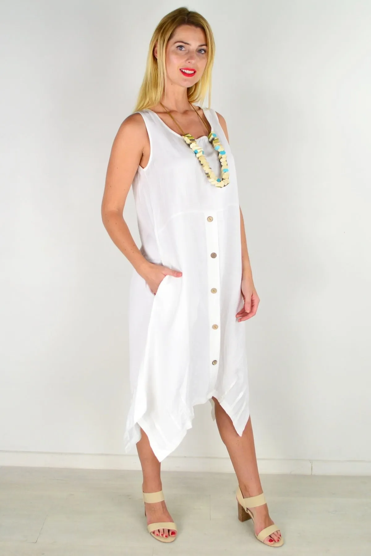 White Linen Sleeveless Shift Tunic Dress