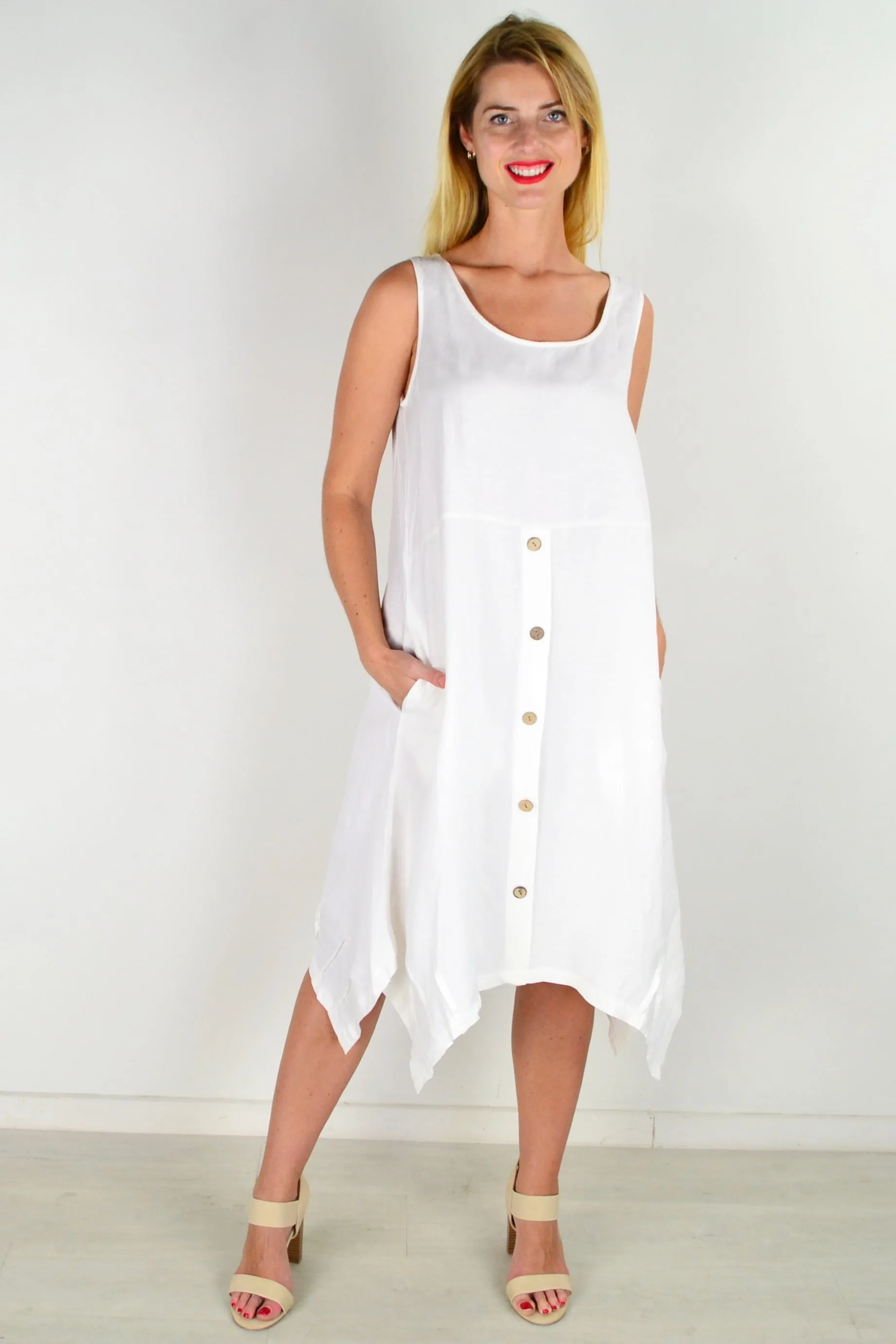 White Linen Sleeveless Shift Tunic Dress