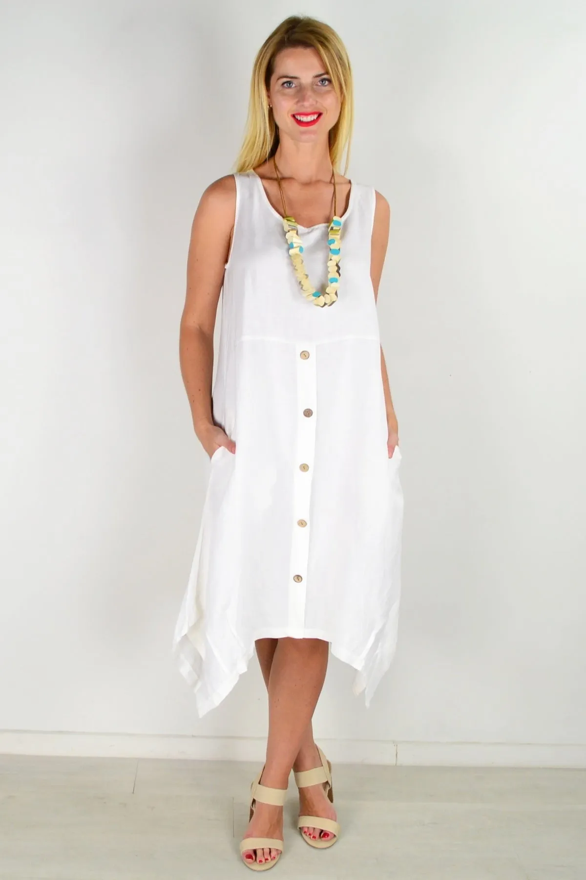 White Linen Sleeveless Shift Tunic Dress