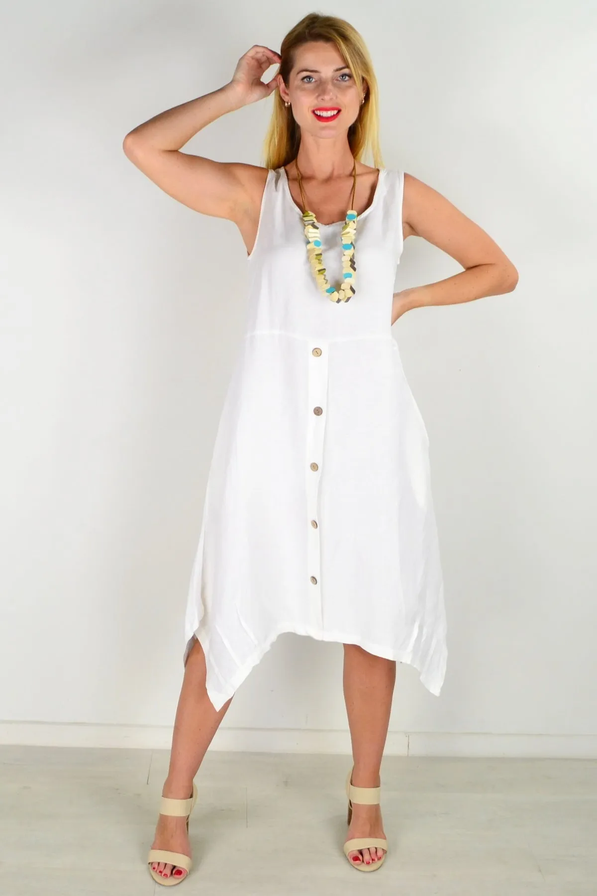 White Linen Sleeveless Shift Tunic Dress