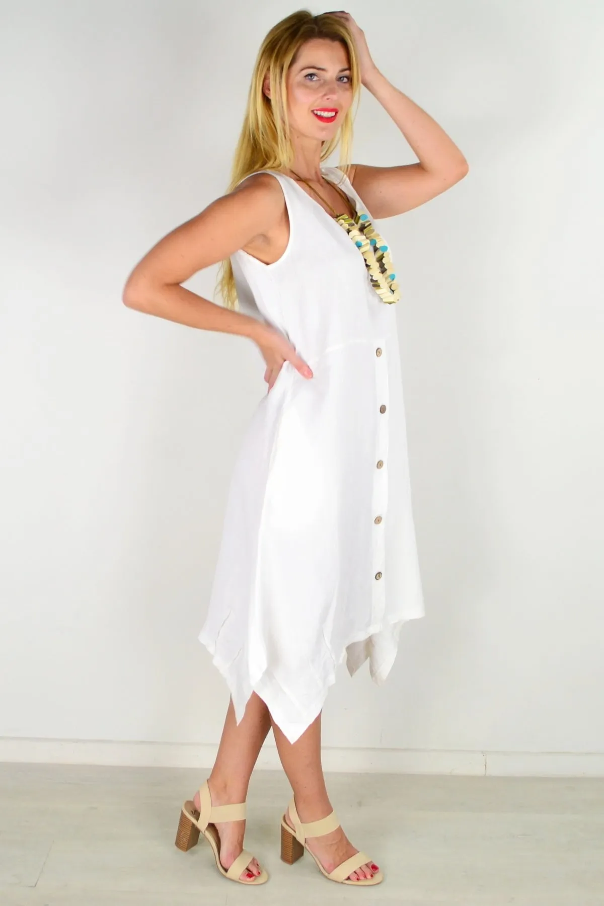 White Linen Sleeveless Shift Tunic Dress