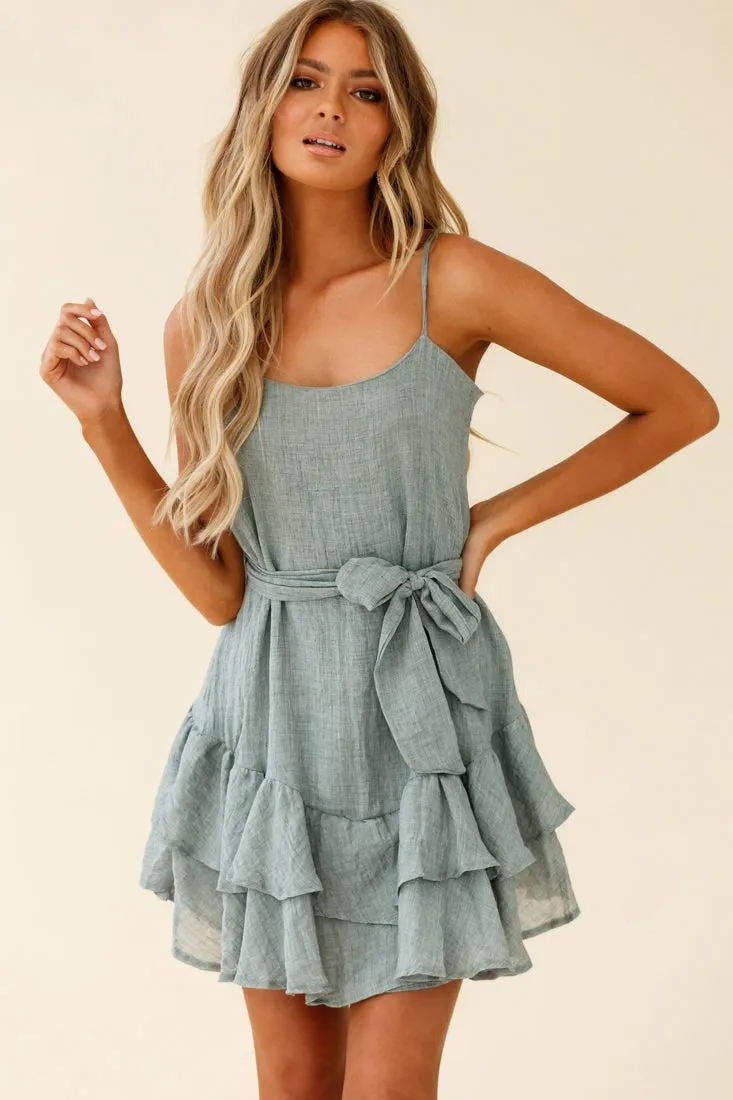 Wilshire Tiered Ruffle Hem Spaghetti Strap Dress Grey