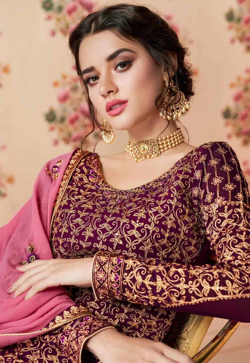 Wine And Pink Embroidered Gharara Palazzo Suit