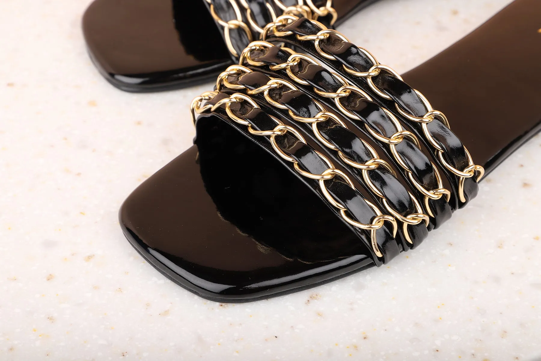 Women Black Embellished Open Toe Flats