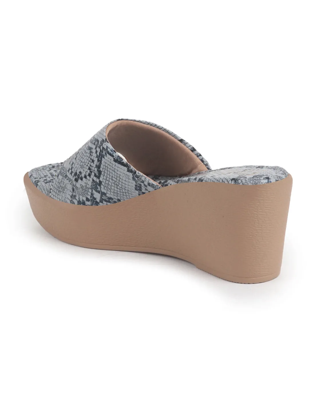 Women Grey Textured Print Platform Slip On Sandal With Cushioned Footbed|Height Enhancer Sandal For Broad Feet|Festive|Wedding