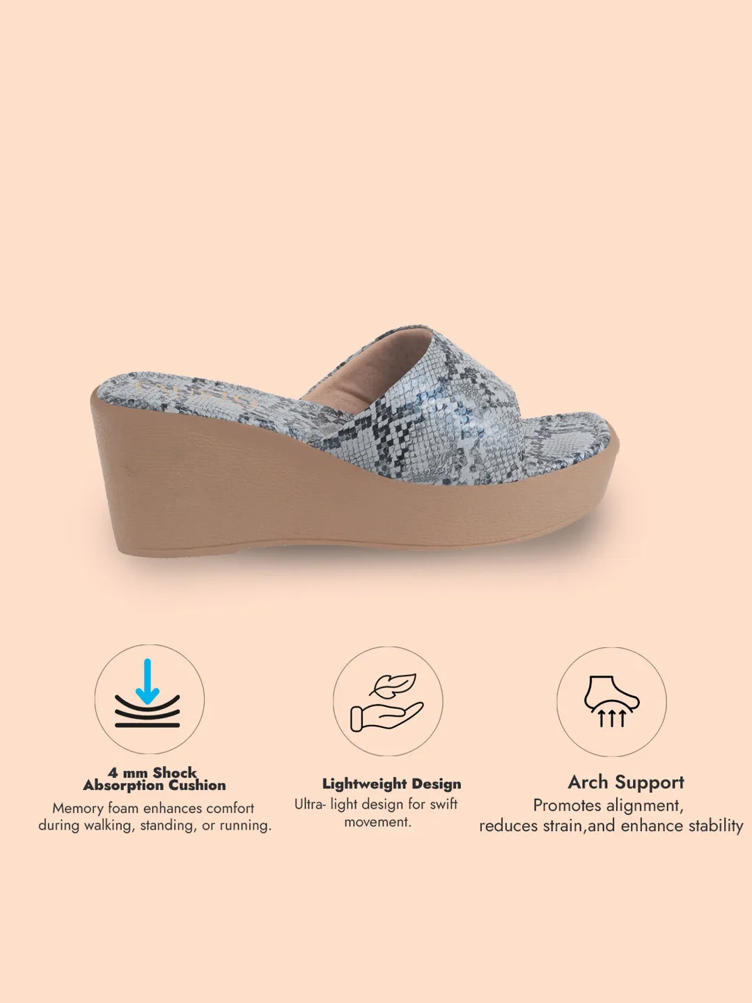 Women Grey Textured Print Platform Slip On Sandal With Cushioned Footbed|Height Enhancer Sandal For Broad Feet|Festive|Wedding