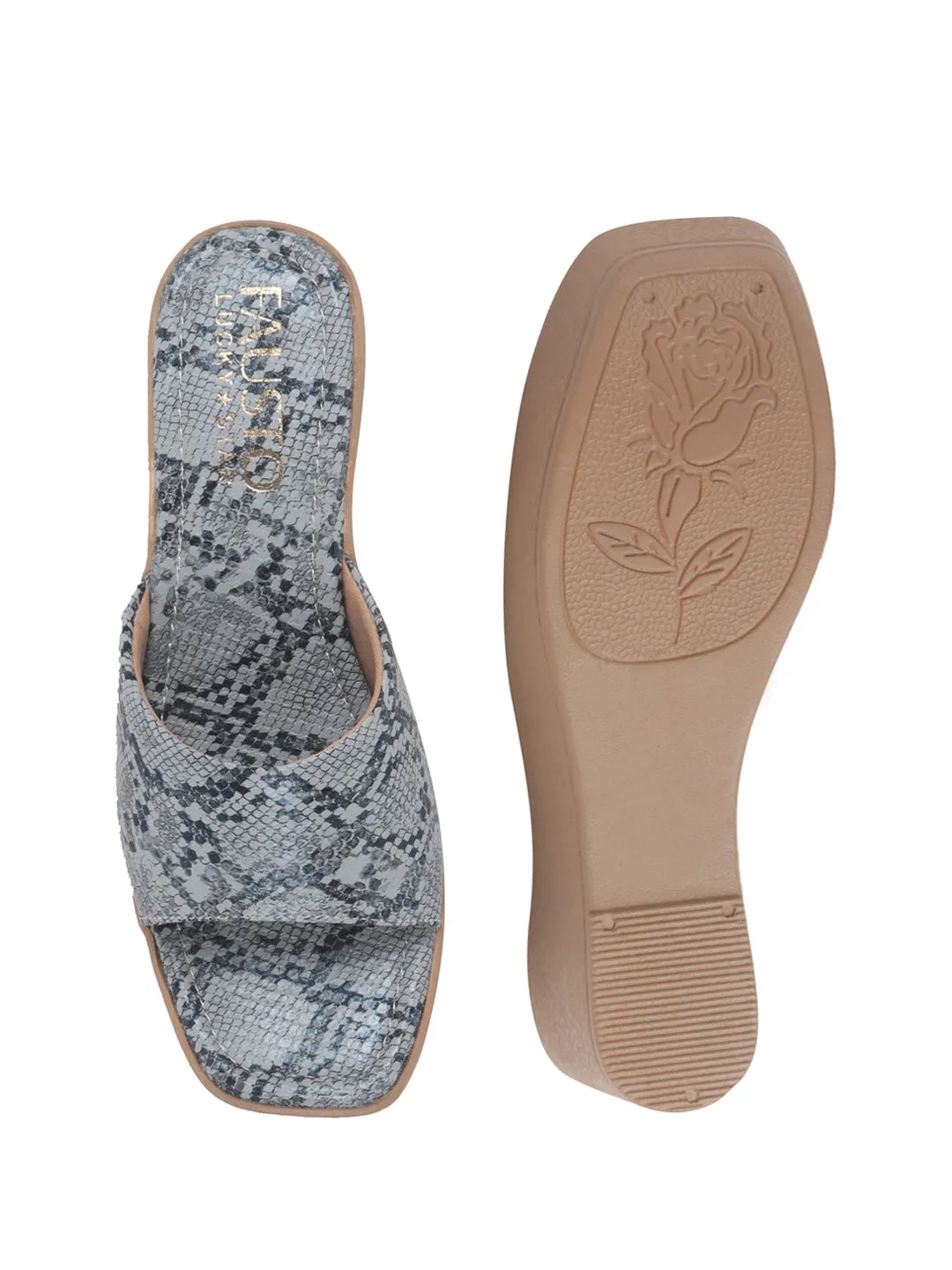 Women Grey Textured Print Platform Slip On Sandal With Cushioned Footbed|Height Enhancer Sandal For Broad Feet|Festive|Wedding