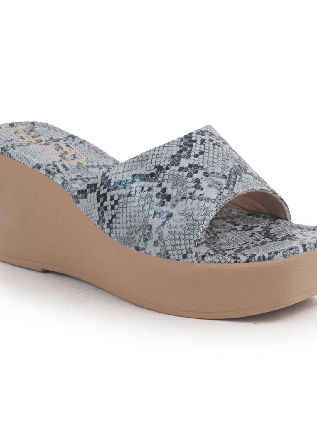 Women Grey Textured Print Platform Slip On Sandal With Cushioned Footbed|Height Enhancer Sandal For Broad Feet|Festive|Wedding