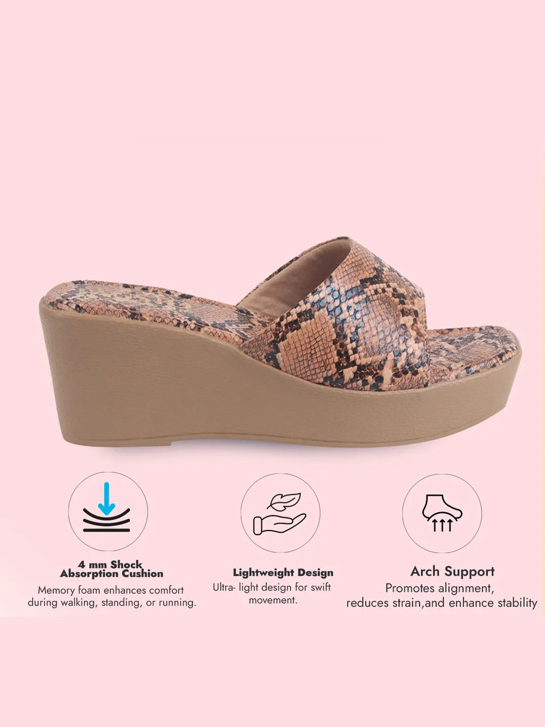 Women Orange Textured Print Platform Slip On Sandal With Cushioned Footbed|Height Enhancer Sandal For Broad Feet|Festive|Wedding