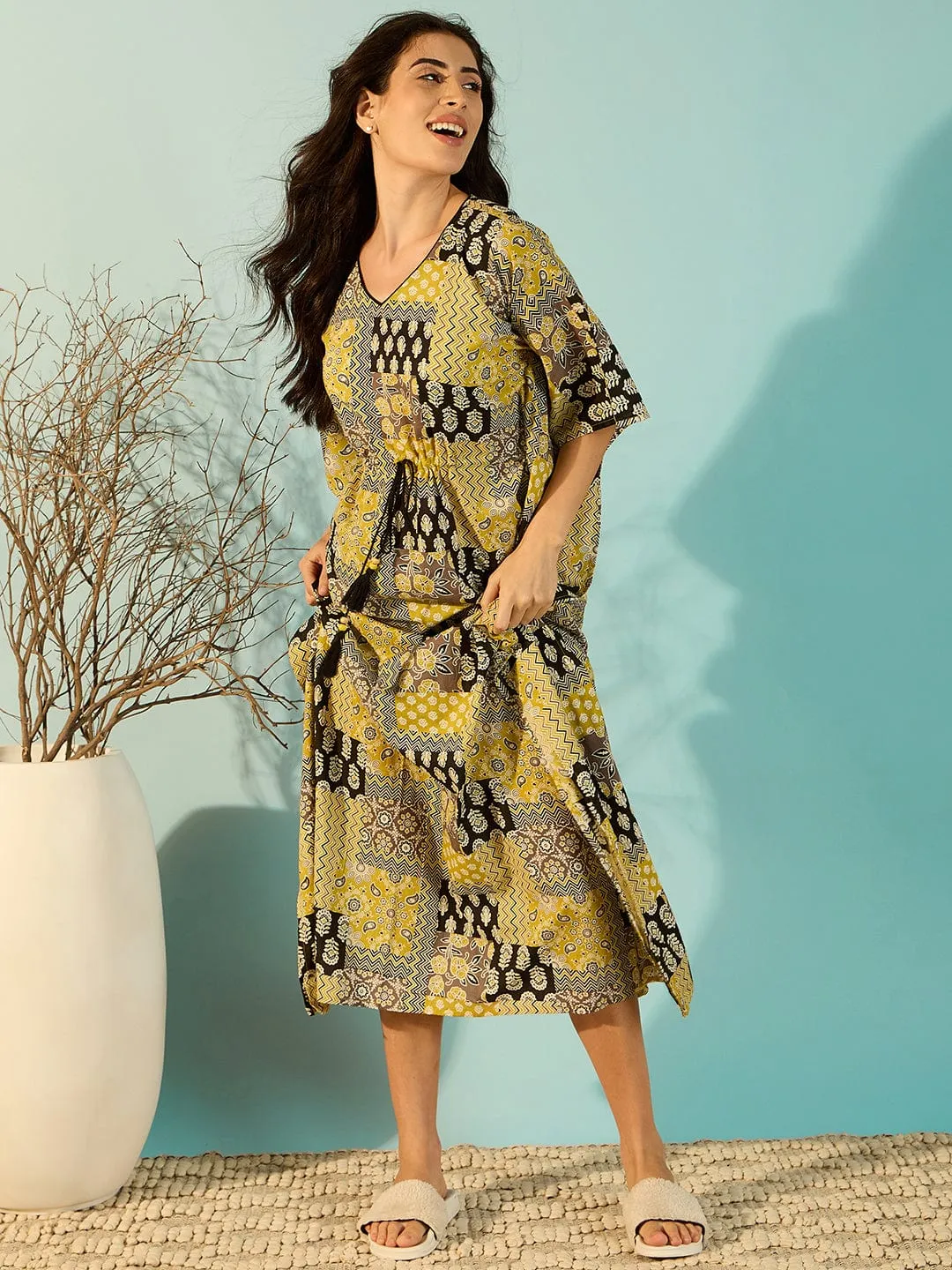 Women Patchwork Printed Yellow Cotton Kaftan Nightdress