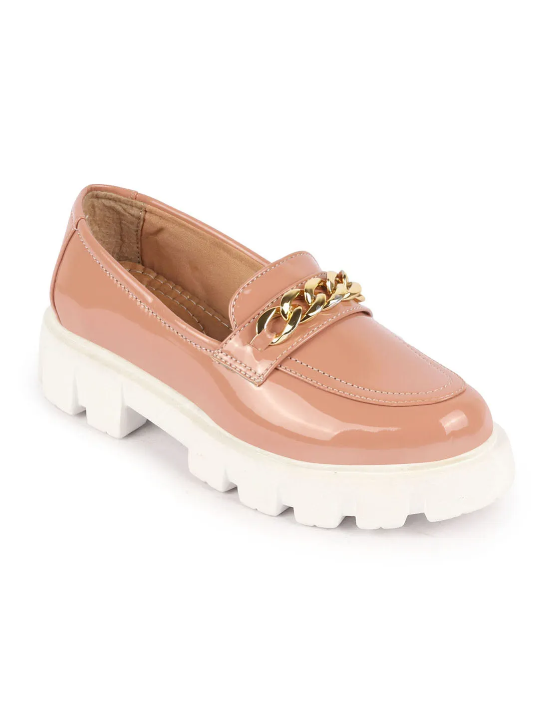 Women Peach Patent Leather Shiny Chain Buckle Classic Casual Slip On Loafer Shoes