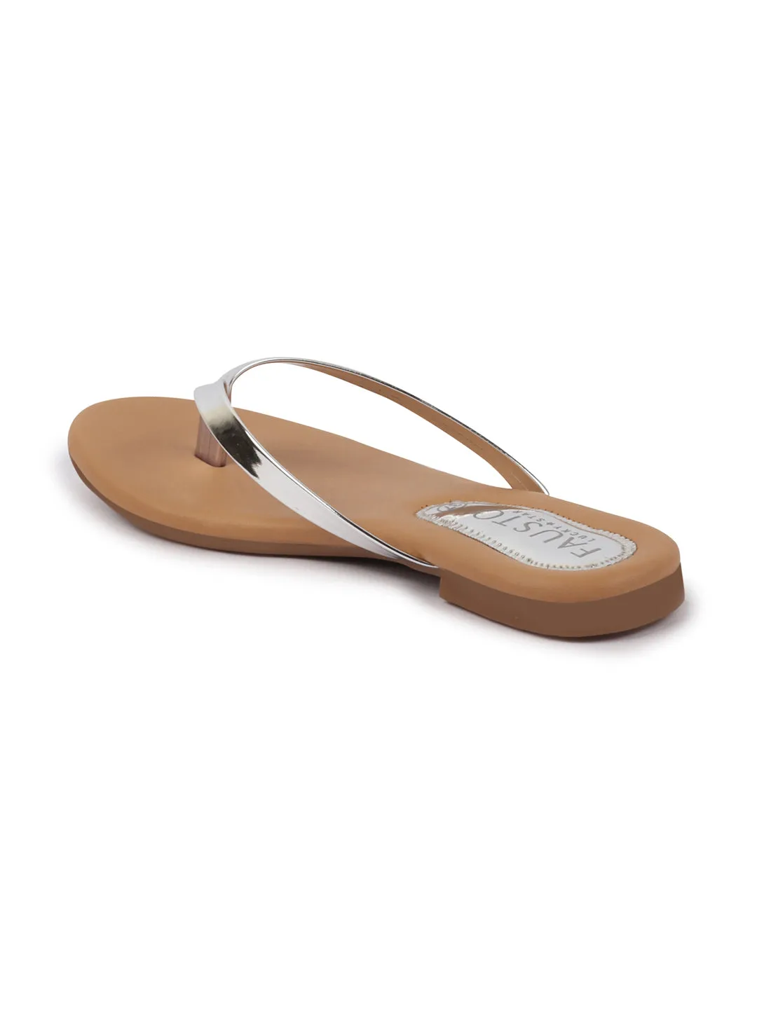 Women Silver Shiny Sleek T-Strap Slipper With Cushioned Footbed|Flat Slipper For Party|Office Wear|Weekend