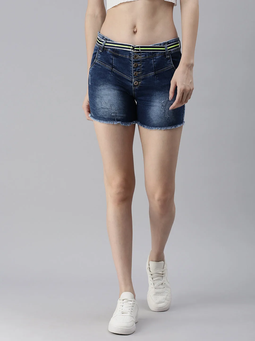 Women's Blue Solid Denim Shorts